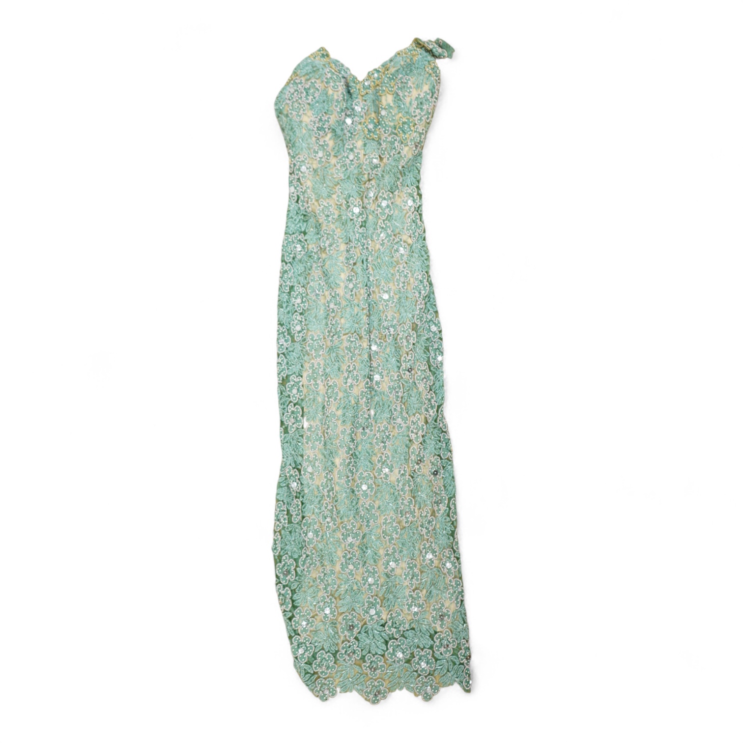 A 1960’s-70’s light green beaded and sequin floral net, fitted full length evening dress. 134cm long
